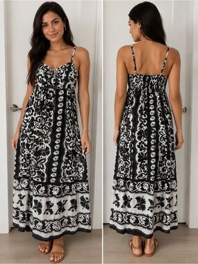 Black & White Floral Maxi Dress with Spaghetti Straps